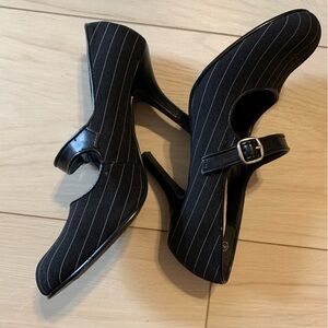 Black Pinstripe Heels with Strap